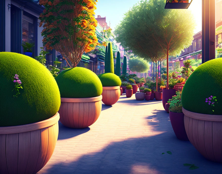 Scenic street with potted plants and trees under sunlight