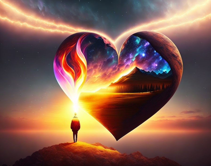 Person admiring heart-shaped cosmic vista with vibrant celestial patterns and fiery swirl against sunset sky.