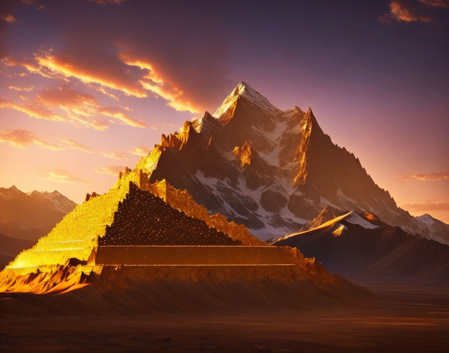 Sunset view of snowy mountain peak beside desert pyramid.
