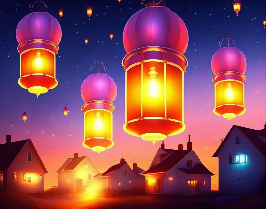 Colorful sky lanterns light up twilight sky over houses in serene suburban scene