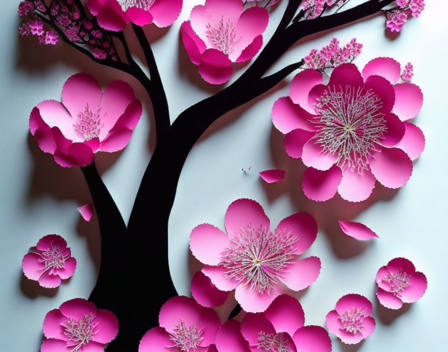 Vibrant pink tree with blossoming flowers on white background