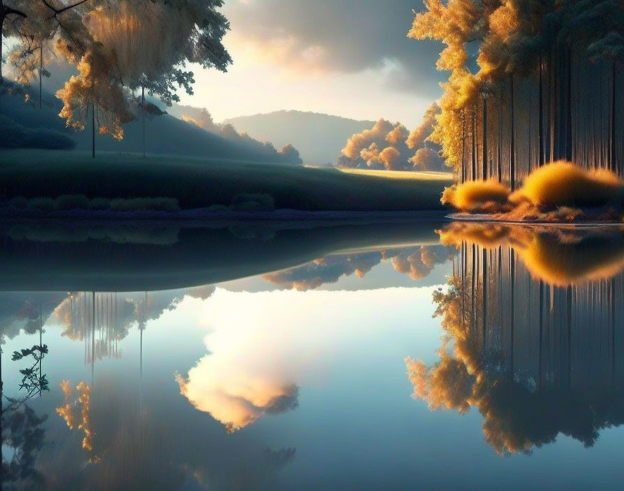 Tranquil lake reflecting forested hill, glowing clouds, and trees at dusk