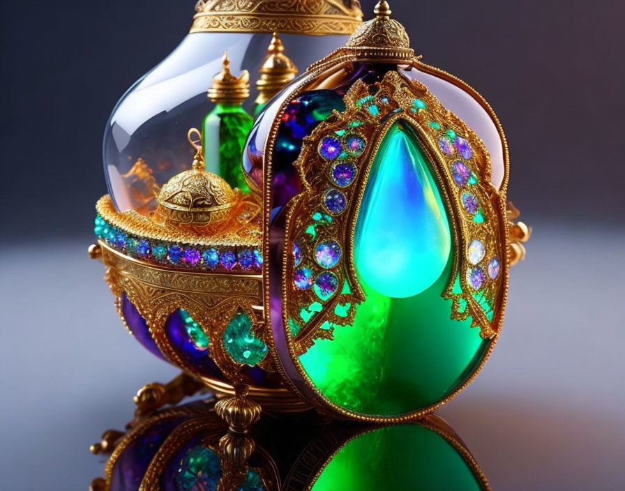 Gold and Emerald Egg-shaped Decorative Art with Gemstones and Patterns