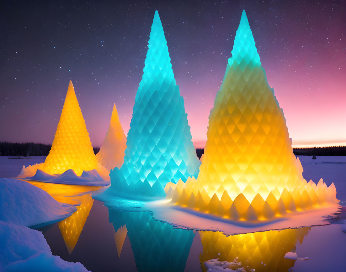 Geometric Ice Sculptures Glowing in Twilight Sky