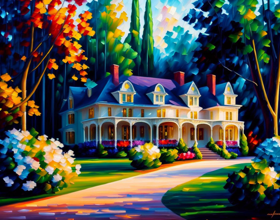 Vibrant Impressionistic Painting of Grand Estate and Lush Surroundings