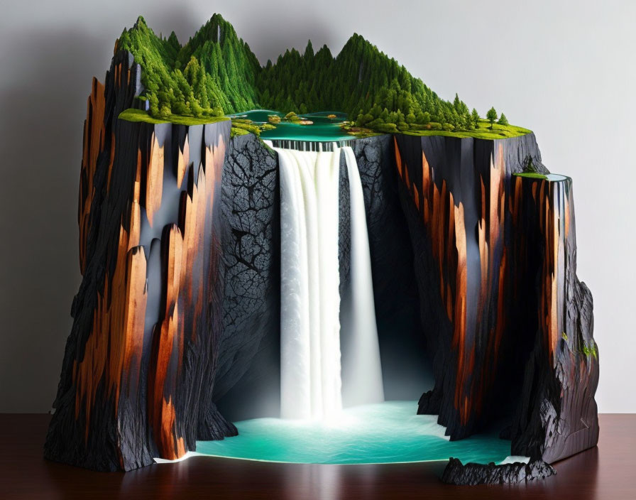 Detailed Mountain Model with Waterfall, Trees, and Blue Pool