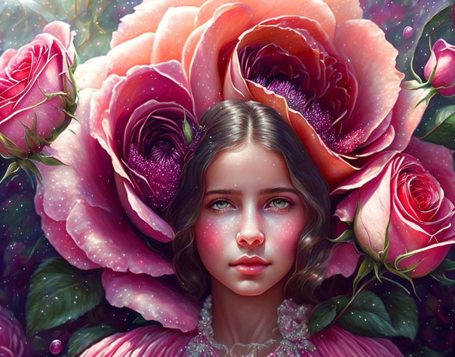 Digital Artwork: Young Girl's Face with Pink and Red Roses