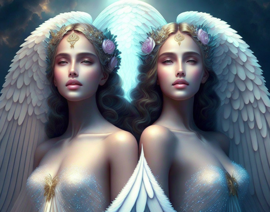 Identical angelic figures with white wings and golden headpieces on celestial background