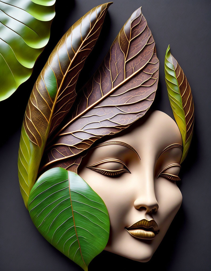 Surreal face blended with leaves in vibrant art