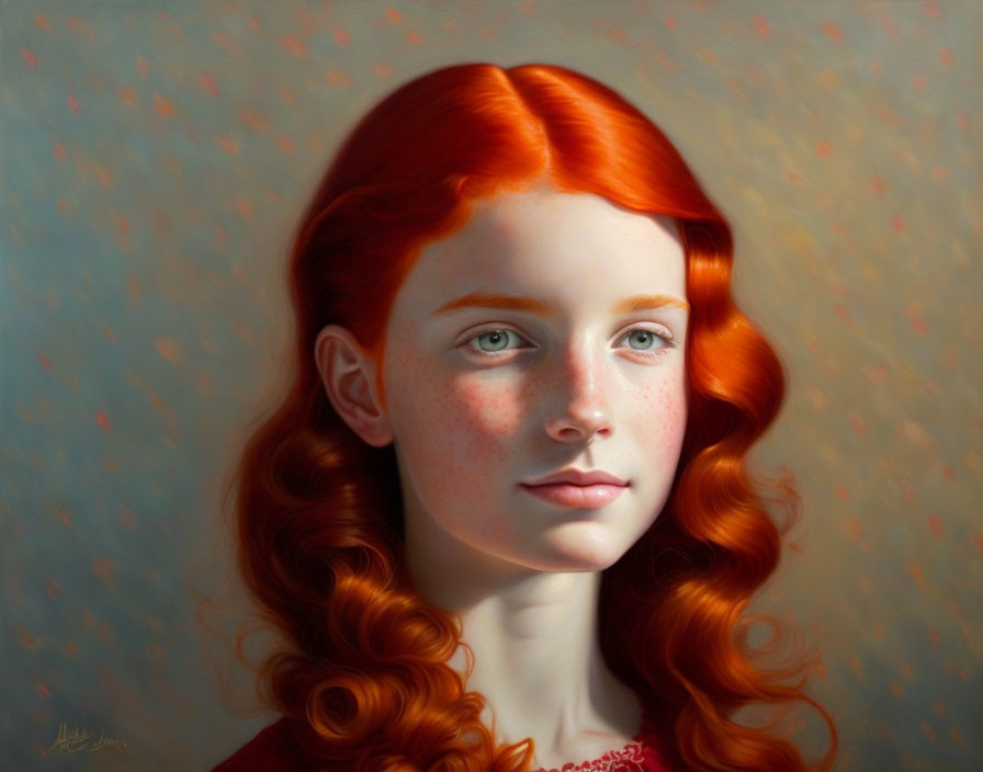 Portrait of young girl with red hair and freckles, blue eyes, soft background