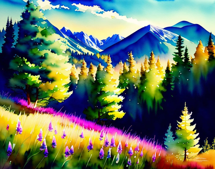 Colorful watercolor painting of mountain landscape with pine trees and wildflowers.