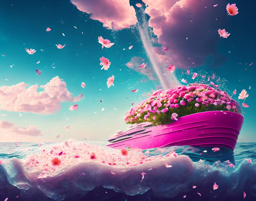 Pink ship with garden on turquoise sea under pastel sky, flowers in air and water