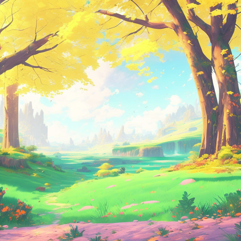 Vibrant fantastical landscape with lush greenery and towering yellow trees under a sunny sky.