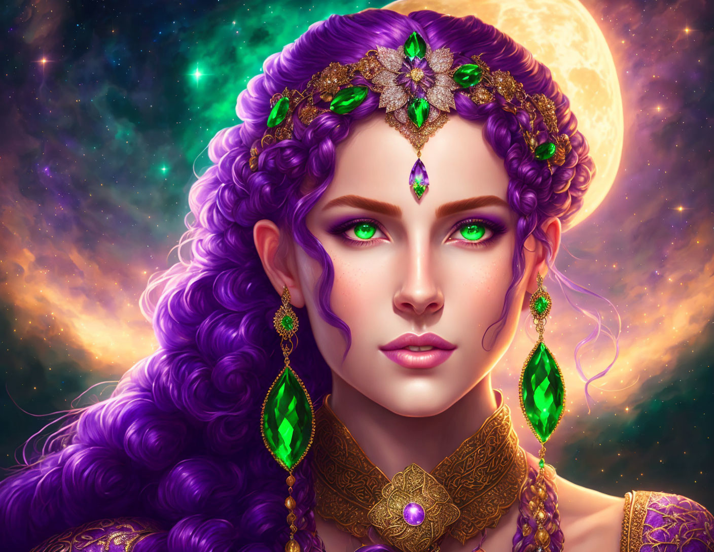 Vibrant purple-haired woman with emerald tiara in cosmic setting