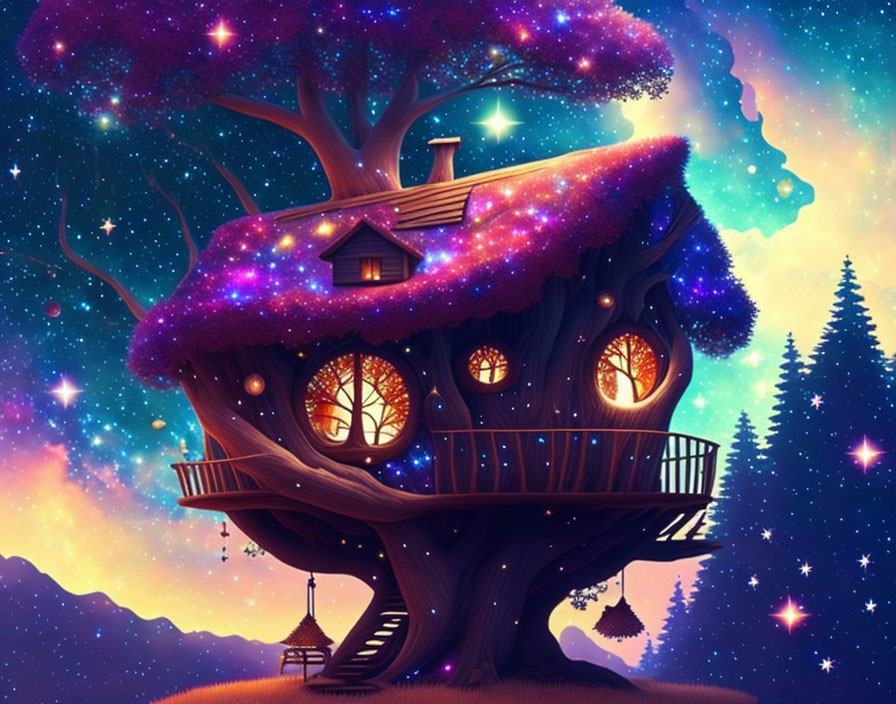 Enchanting treehouse in starlit forest at night