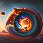 Abstract Cosmic Scene with Celestial Bodies and Swirling Patterns