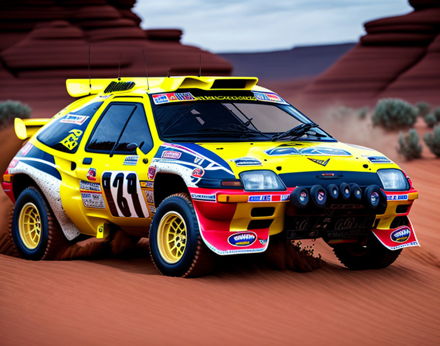 Yellow Rally Car with Number 23 Racing in Red Desert