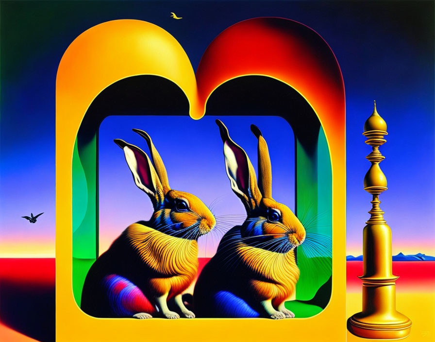 Colorful Abstract Art: Two Mirroring Rabbits with Chess Piece and Bird Silhouettes