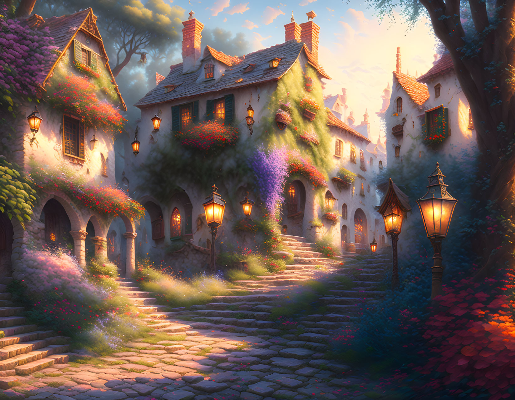 Charming cobblestone street with colorful flowers and glowing lanterns at twilight