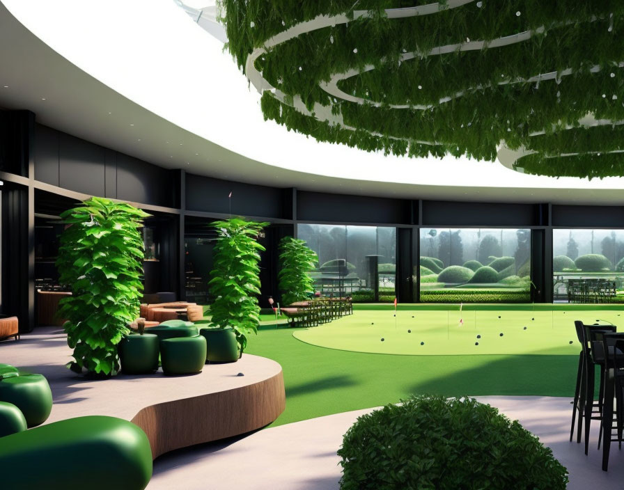 Indoor Golfing Area with Putting Green and Topiary Garden Views