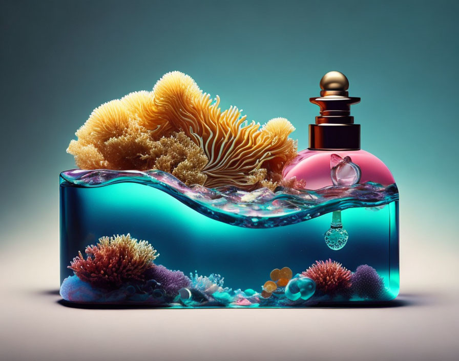 Surreal coral reef ecosystem with perfume bottle integration