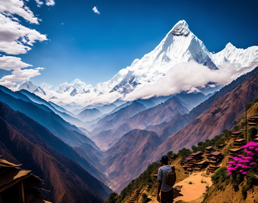 Scenic view of person, valley, houses, flora, and snow-capped mountain