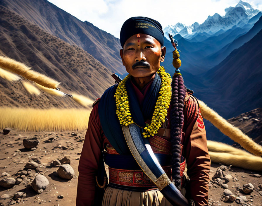 Man in traditional attire with headband and beads in mountainous landscape