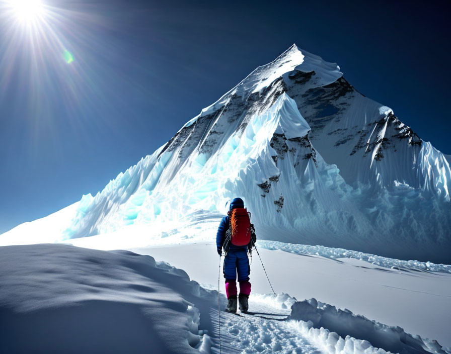 Brightly dressed climber approaching snow-covered peak under clear blue sky