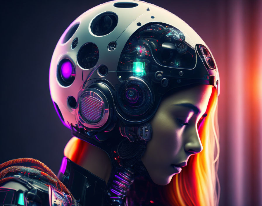 Futuristic female with neon-lit helmet and intricate technology details