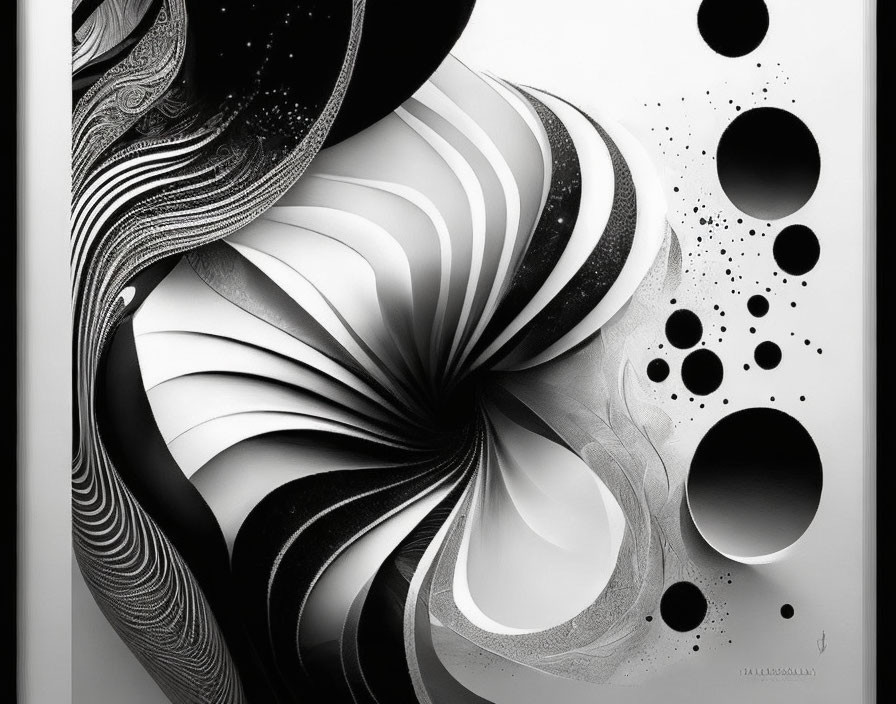 Monochrome swirling pattern with central vortex and circles