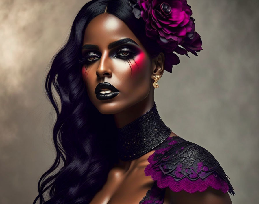 Digital portrait of woman with dramatic makeup: dark lipstick, bold red eyeshadow, and flower in