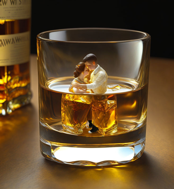 Miniature couple dancing in whiskey glass with warm amber liquid