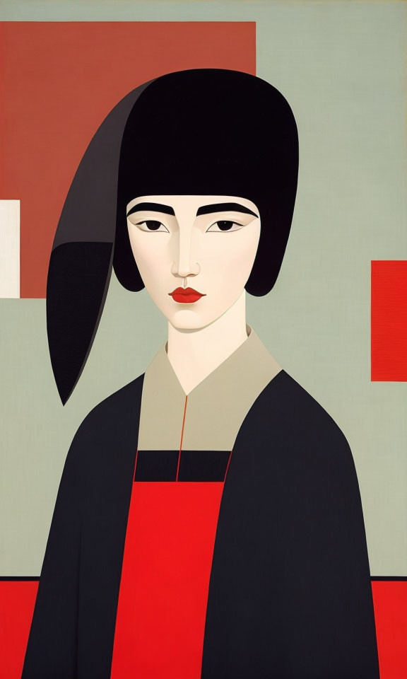 Stylized portrait of woman with bob haircut in black and red garment against geometric background.