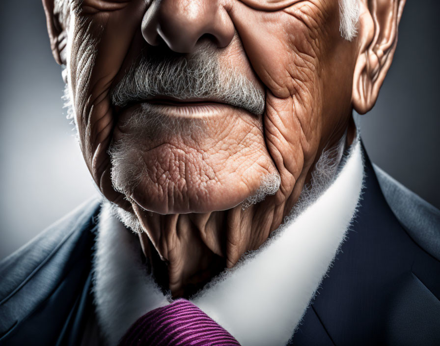 Detailed Close-Up of Elderly Gentleman's Lower Face and Nose in Suit with Purple Tie