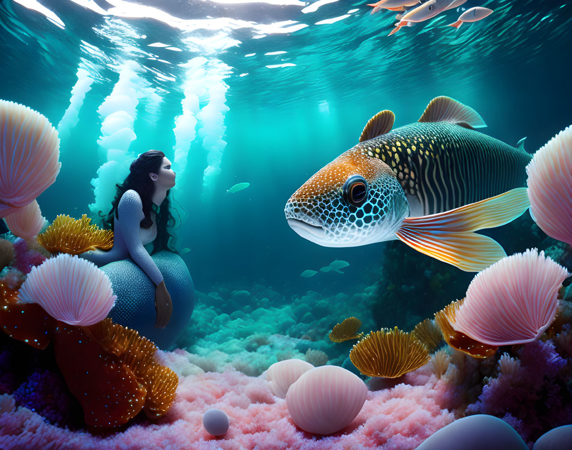 Woman in mermaid costume underwater with fish and coral.