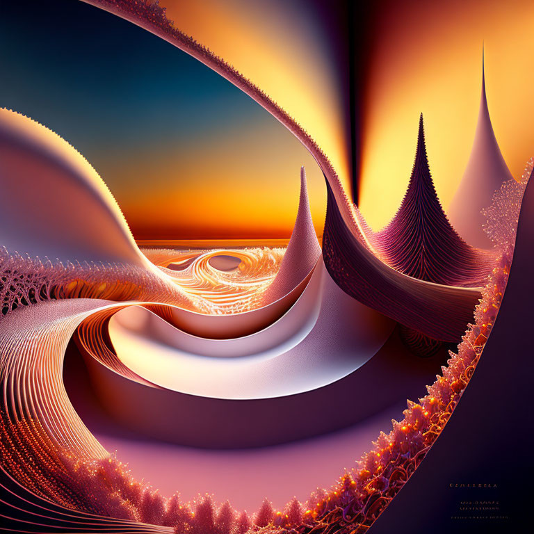 Abstract digital artwork with flowing fractal shapes in warm hues of orange, pink, and purple depicting an