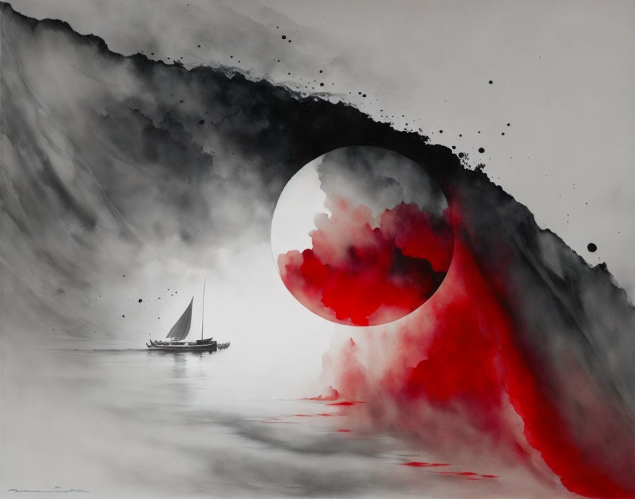 Monochromatic painting of boat on calm water under dramatic sky