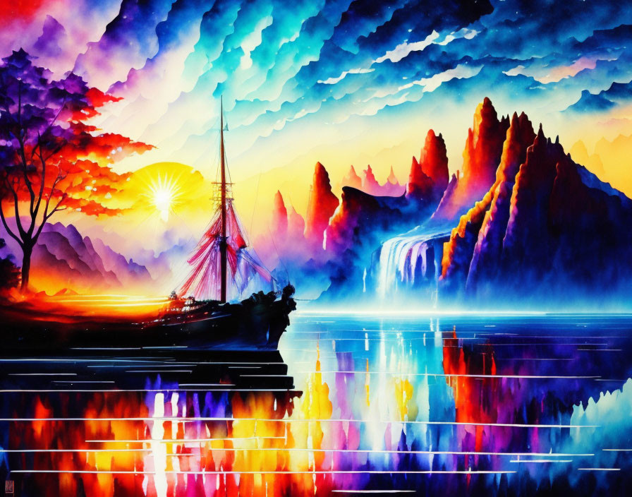 Scenic watercolor painting of sunset with ship, mountains, waterfall, and reflections.