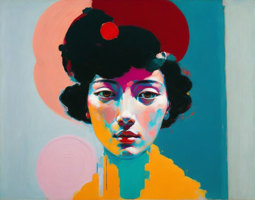 Vibrant modern painting of a woman with abstract hat in orange and blue hues