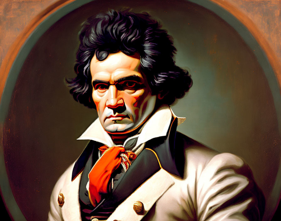 Stylized portrait of a man with dark tousled hair and intense gaze