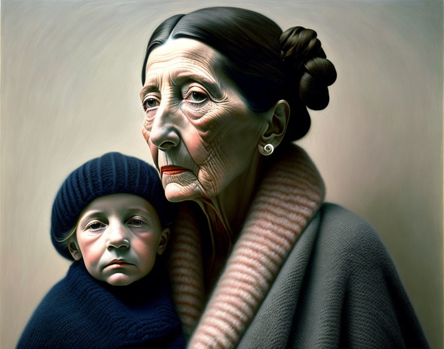 Elderly woman and child in warm clothing with solemn expressions