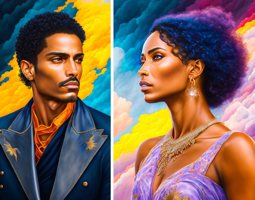 Colorful portrait of man and woman in elegant attire against vibrant cloud backdrop