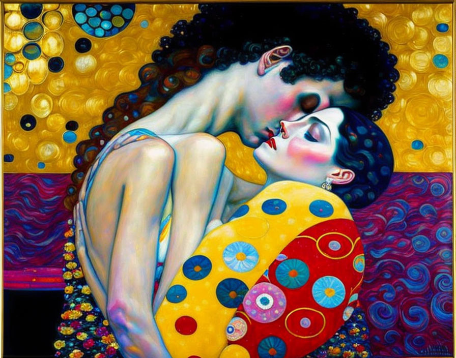 Colorful painting of embracing couple with eyes closed and intricate patterns