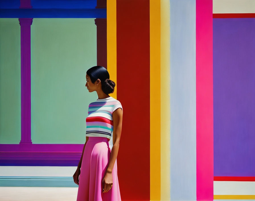 Woman in Striped Top and Pink Skirt Beside Colorful Vertical Panels