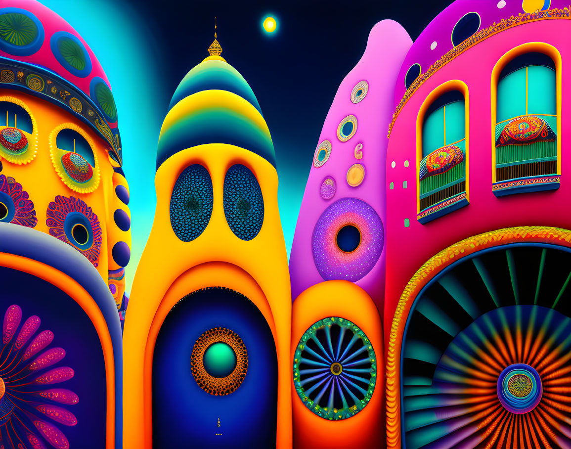 Vibrant psychedelic buildings against gradient sky