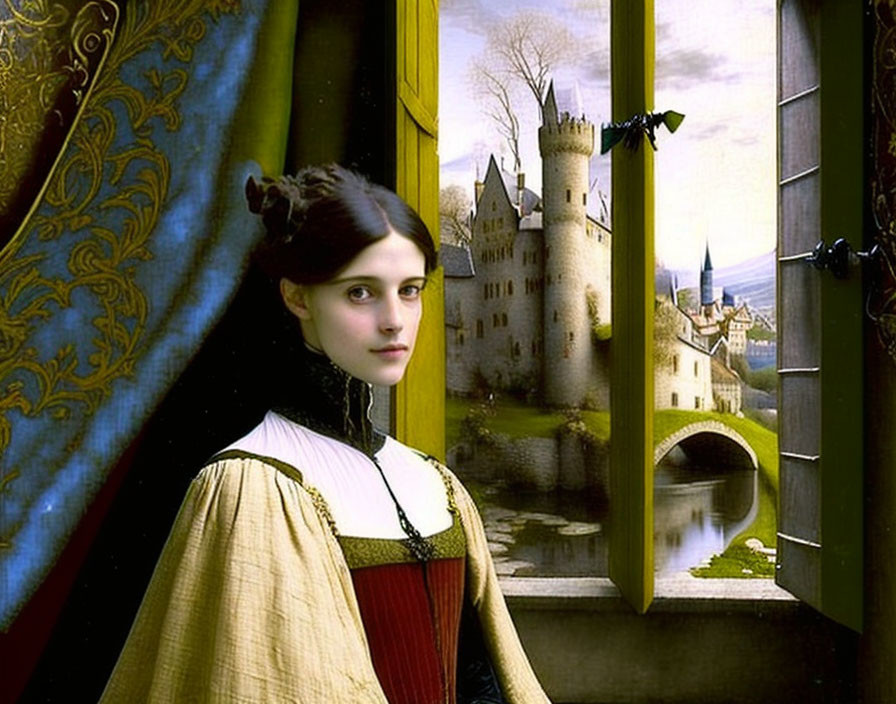 Historical woman looking at castle over water with blue curtain.