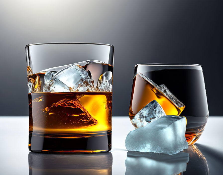 Whiskey glasses with ice on reflective surface and gradient background