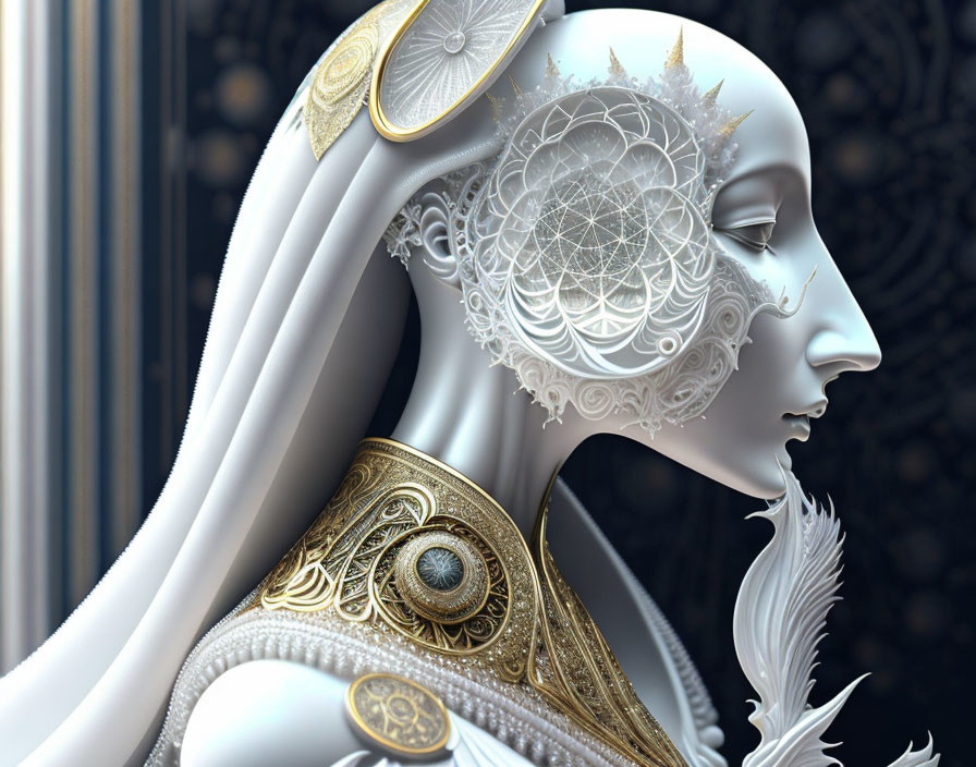 Intricate Gold and White Patterned Humanoid Figure Artwork