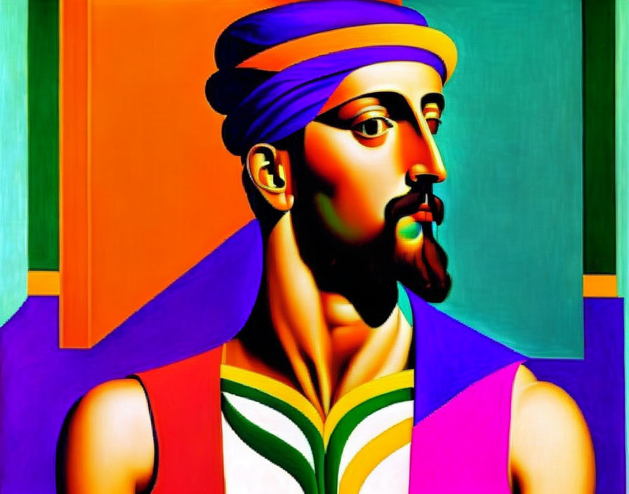 Colorful Profile Portrait of Man in Turban with Geometric Shapes