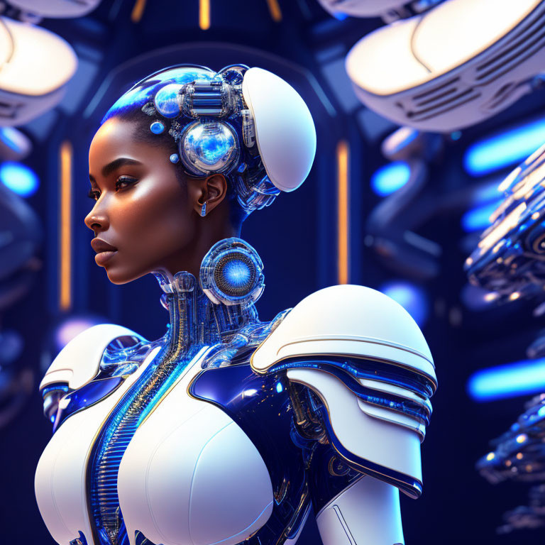 Futuristic female figure with advanced robotic features and elaborate headpiece